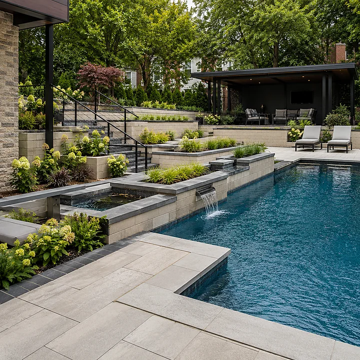 AM Developers LLC built terraced poolside retaining walls in Washington, DC, with stone grade support, planted terraces, spillway features, railings, and pool patio access