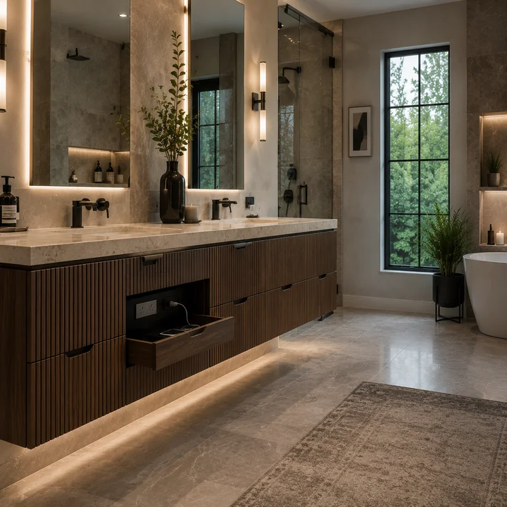 AM Developers LLC built a fluted wood double vanity with integrated outlet drawer, stone countertop, LED toe-kick lighting, and backlit mirrors