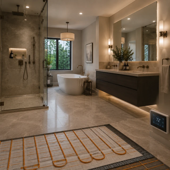 AM Developers LLC installed thermostatic underfloor radiant heating with smart controls, heated tile floors, and a luxury primary bath