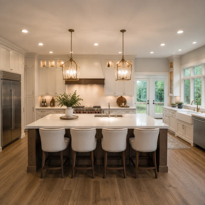 AM Developers LLC built a turnkey luxury kitchen with custom cabinetry, a quartz island, premium appliances, and an open chef layout