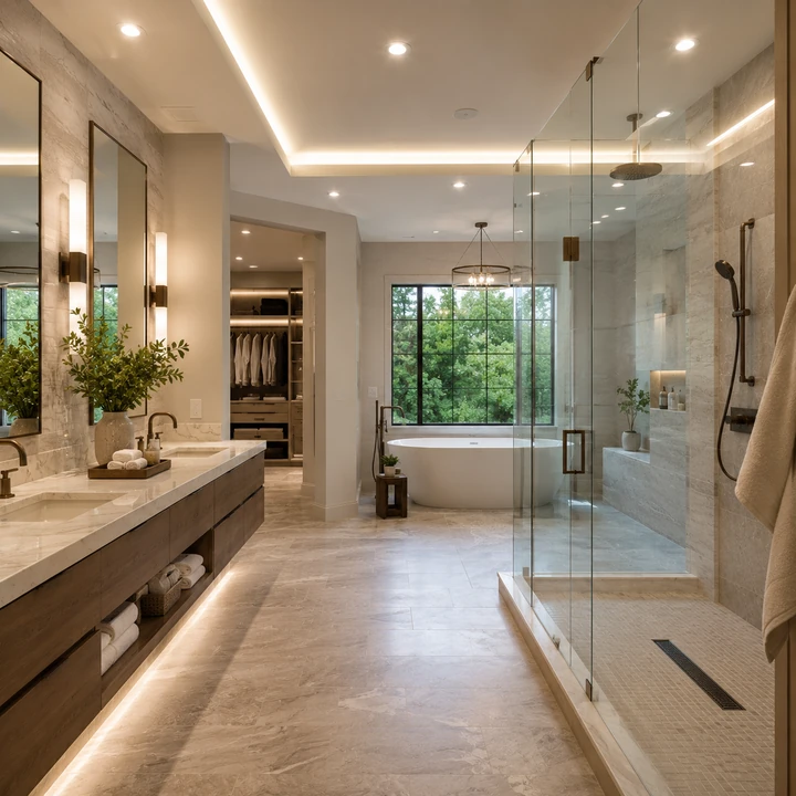 AM Developers LLC created a turnkey primary suite spa with a frameless glass wet room, floating double vanity, soaking tub, and heated tile floors
