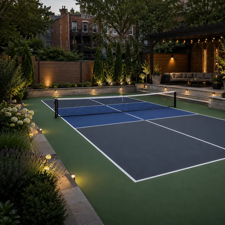 AM Developers LLC built a luxury backyard pickleball court with acrylic surfacing, regulation lines, a tensioned net, and landscape lighting