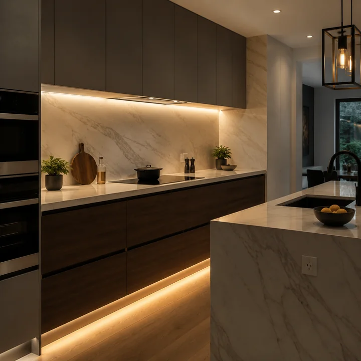 AM Developers LLC installed under-cabinet LED lighting with concealed tape tracks, task illumination, and smart kitchen controls in Washington, DC