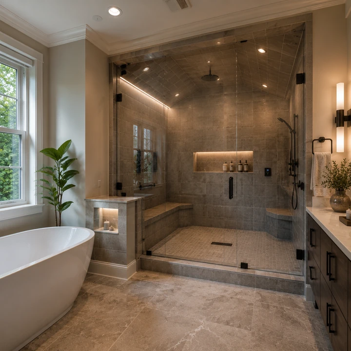 AM Developers LLC built a vapor-sealed custom steam shower with sloped tile ceiling, frameless glass, built-in benches, and linear drain