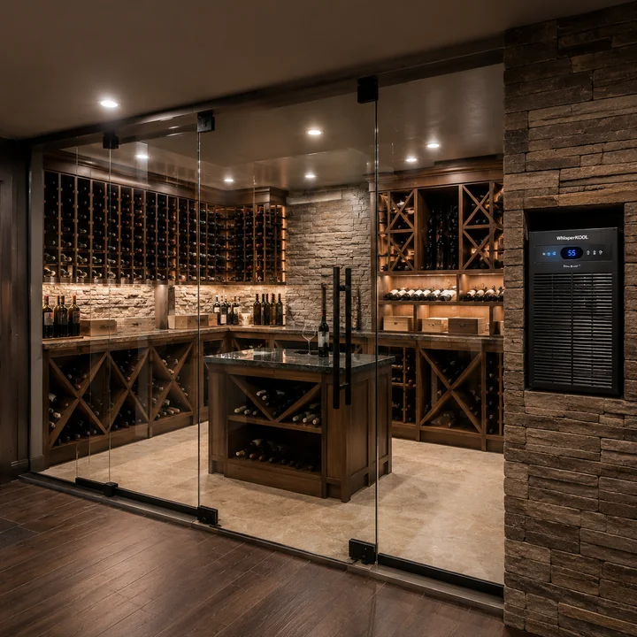 AM Developers LLC built a glass wine vault with custom wine racks, WhisperKOOL climate control, stone walls, and cellar lighting in Gaithersburg, MD