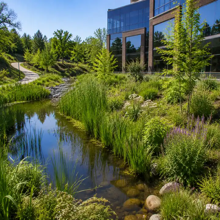 AM Developers LLC installed wetland mitigation planting with native species, riparian buffer restoration, and stream bank stabilization features in Vienna VA