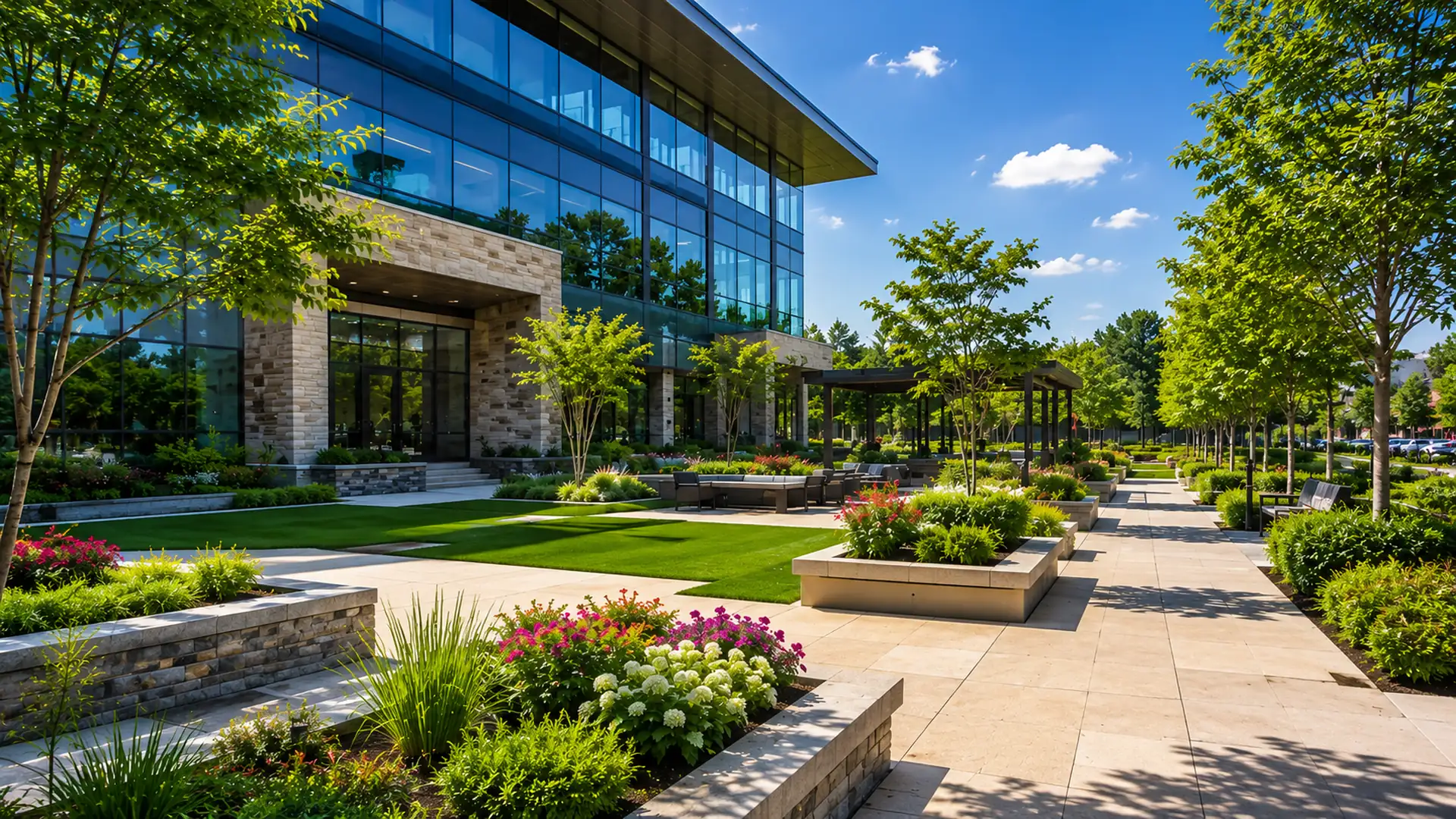 AM Developers LLC built a commercial landscape with specimen trees, layered planting beds, manicured lawns, raised planters, and pedestrian walkways