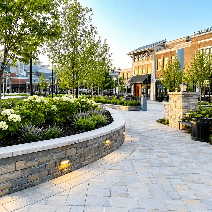 Commercial hardscaping services provided on this project included interlocking paver vehicular driveway and concrete and pedestrian path sidewalk and stone retaining wall built by hardscaping contractor AM DEVELOPERS LLC in Rockville MD 20850 operating in Maryland, Virginia, and DC. You Dream It, We Build It.