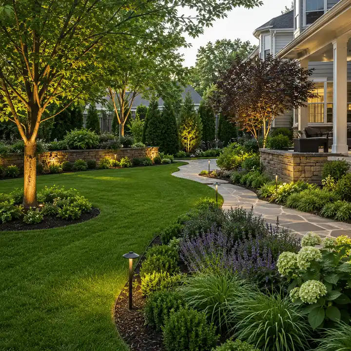 Best commercial and publics space landscaping company in DMV, showing their capabilities with this project showing walkway and custom landscape plantings including grasses, perennials, and native specimen trees, with illuminated garden beds built by landscaping contractor in Potomac MD 20854.