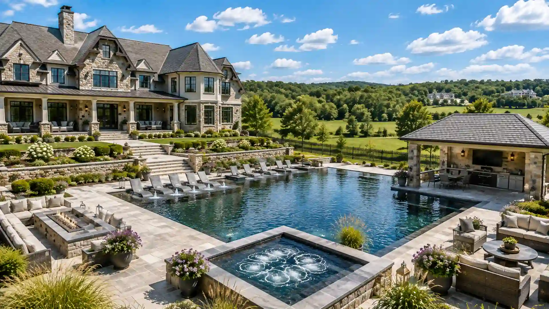 Best Pool Builders in Loudoun County AM DEVELOPERS LLC built this Luxury custom gunite pool with jacuzzi hot tub spa, outdoor cooking pavilion, and travertine paver patio built on Tyler Meadows Ln in Aldie VA 20105. They provide elite residential construction and commercial construction services like driveways, sidewalks, walking area hardscaping concrete interlocking brick masonry retaining walls earthwork utilities stormwater management erosion sediment control.