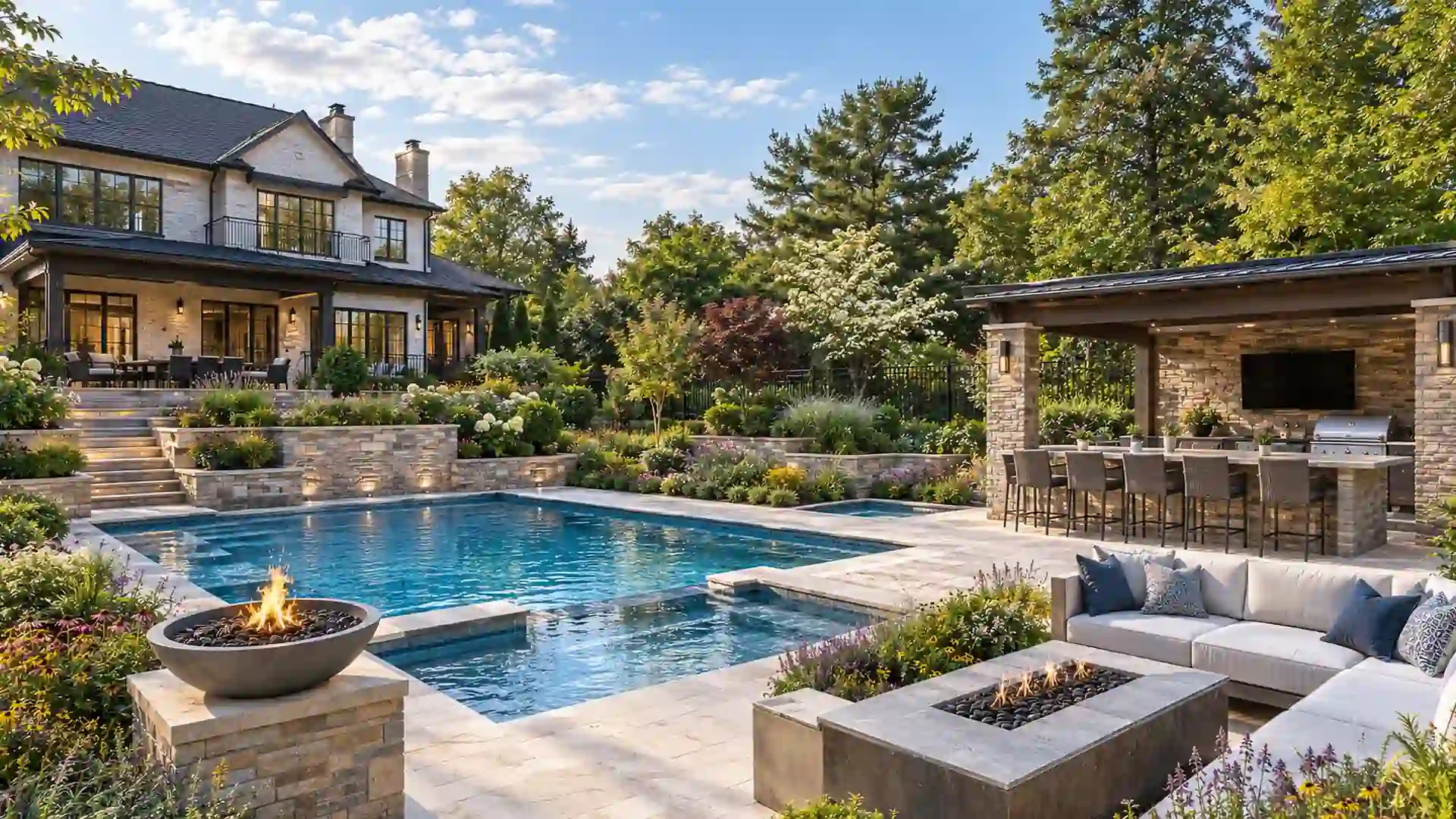 Pool builder dmv best rockville potomac montgomery county md residential and commercial contractor AM DEVELOPERS LLC built this Custom luxury gunite swimming pool with integrated hot tub spa travertine paver patio and outdoor kitchen cabana built by Rockville MD 20850 pool contractor interior remodeling alterations custom homes sport courts landscaping hardscaping stormwater management utilities interlocking paver foundation concrete slabs pads