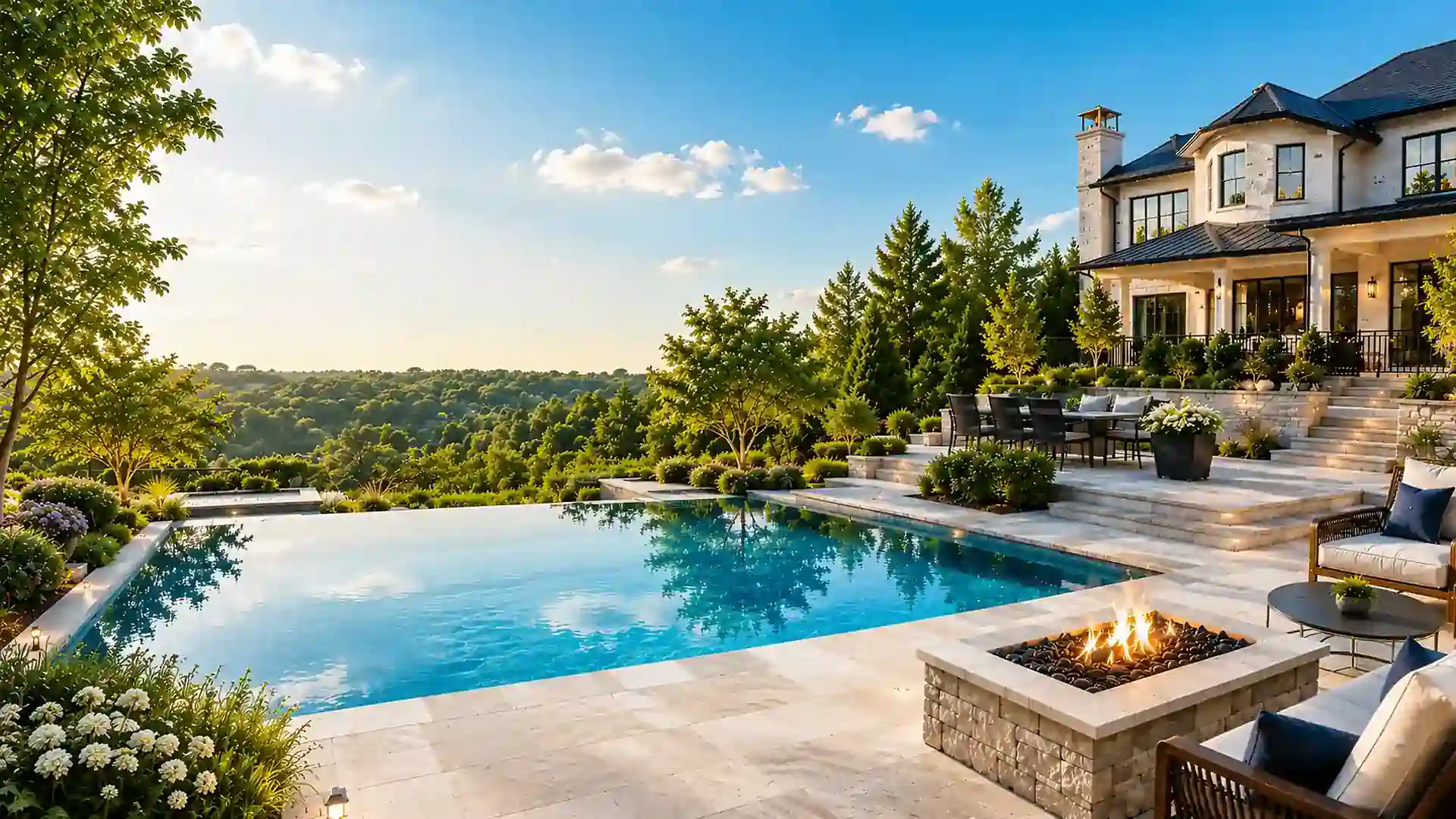 Best Pool Builder in DMV AM DEVELOPERS LLC built this Luxury Custom infinity edge swimming pool with travertine paver patio and outdoor fire pit built by Rockville MD pool contractor serving DMV Northern Virginia Fairfax Loudoun Prince William County Great Falls Mclean Sterling Reston Alexandria Woodbridge Montgomery County MD Potomac Rockville Gaithersburg Germantown Silver Spring PG County Bowie Ft Washington National Harbor Washington DC Residential Sport Courts Construction Contractor Builder Best in near me